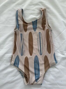 Kate Quinn like new Swimsuit with Surfboard longboard Print - Blue & Brown